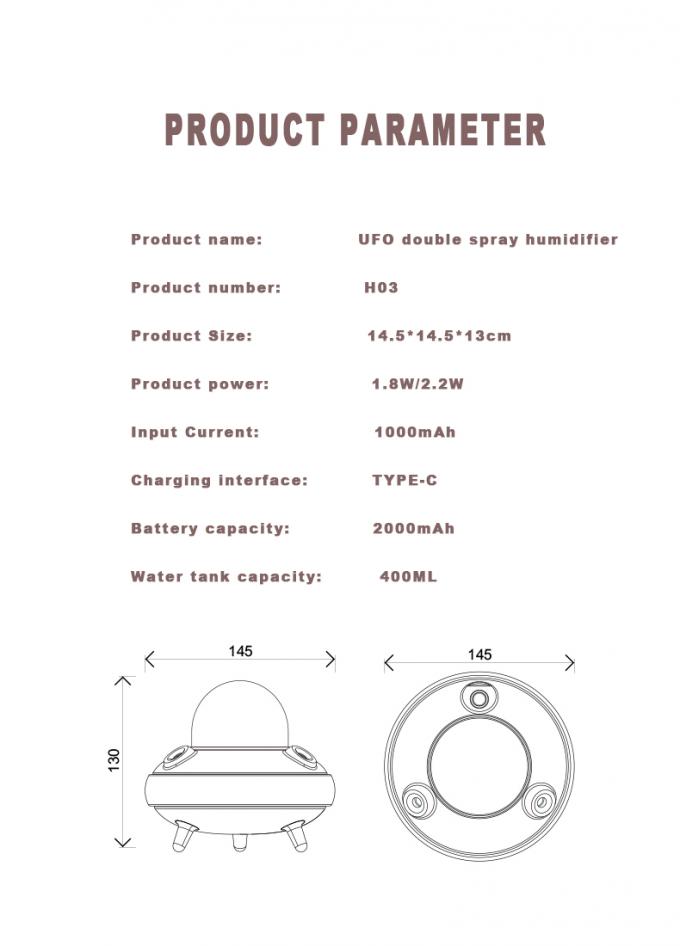 Umidificador de 400 ml recarregável sem fio UFO Astronauta USB 5V 12